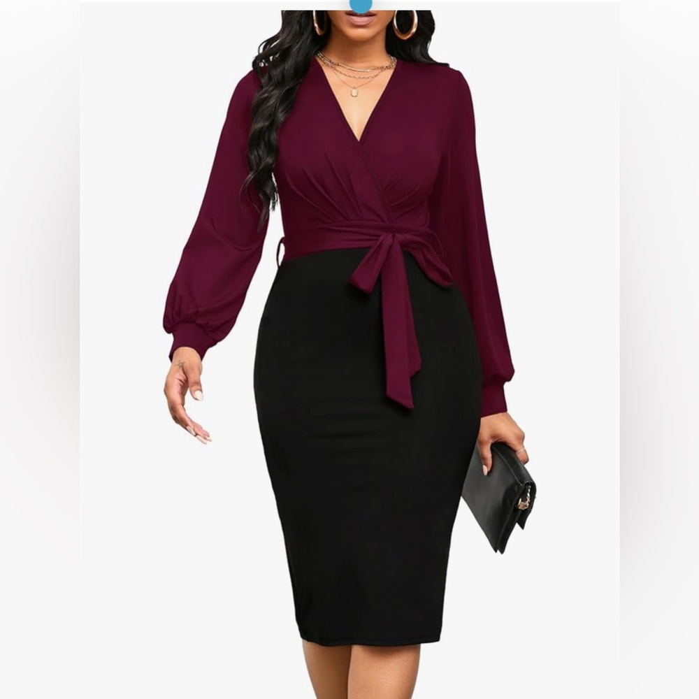 NEW Bodycon Long Sleeve V-Neckline Design NO BELT Pencil Career Dress XL